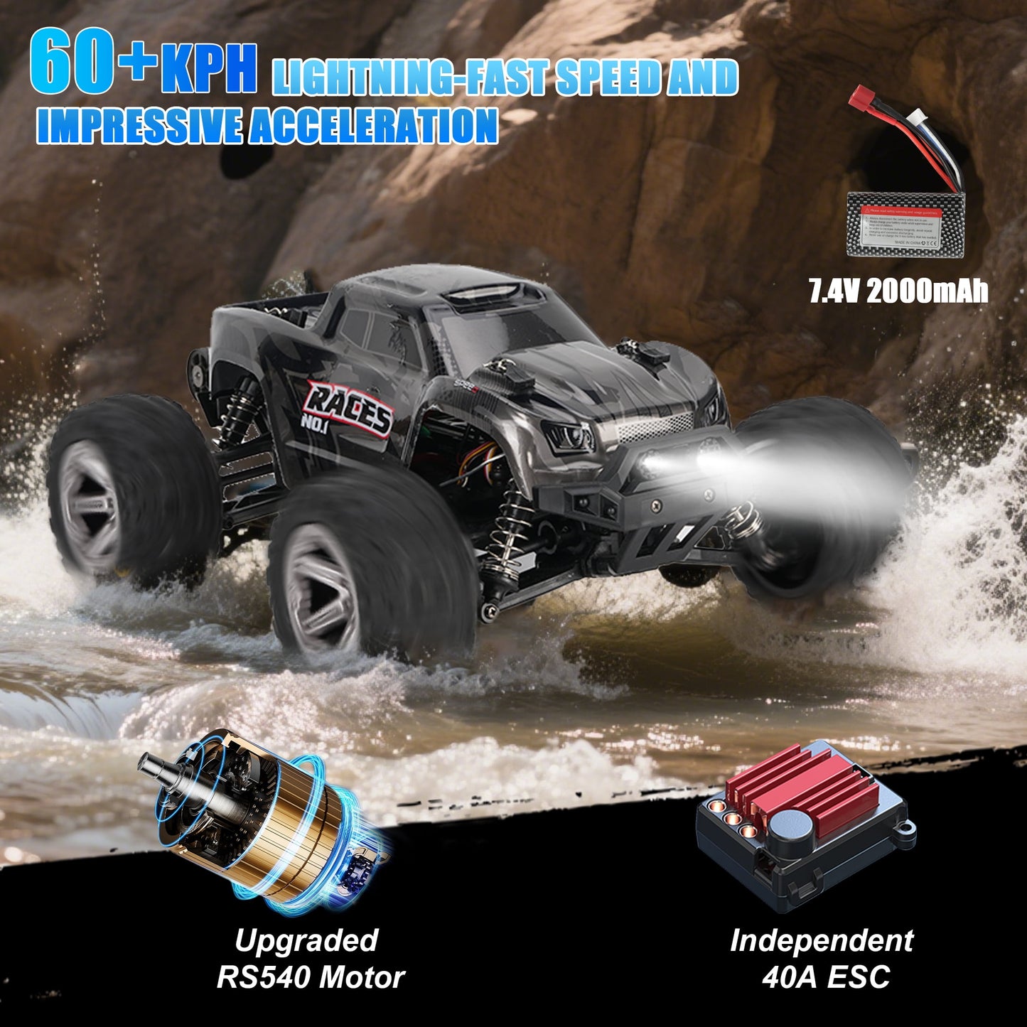 FAGINEY 1:14 RC Cars Truck 4WD Fast 45+ MPH Waterproof All-Terrain Off-Road Remote Control Car for Adults Boys, 2 Batteries