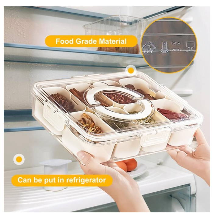 8 Grids Divided Serving Tray with Lid & Handle, Snack Box Container, Spice Containers Snack Platters Trays for Eating,Candy, Fruits, Nuts,Charcuterie Boxes