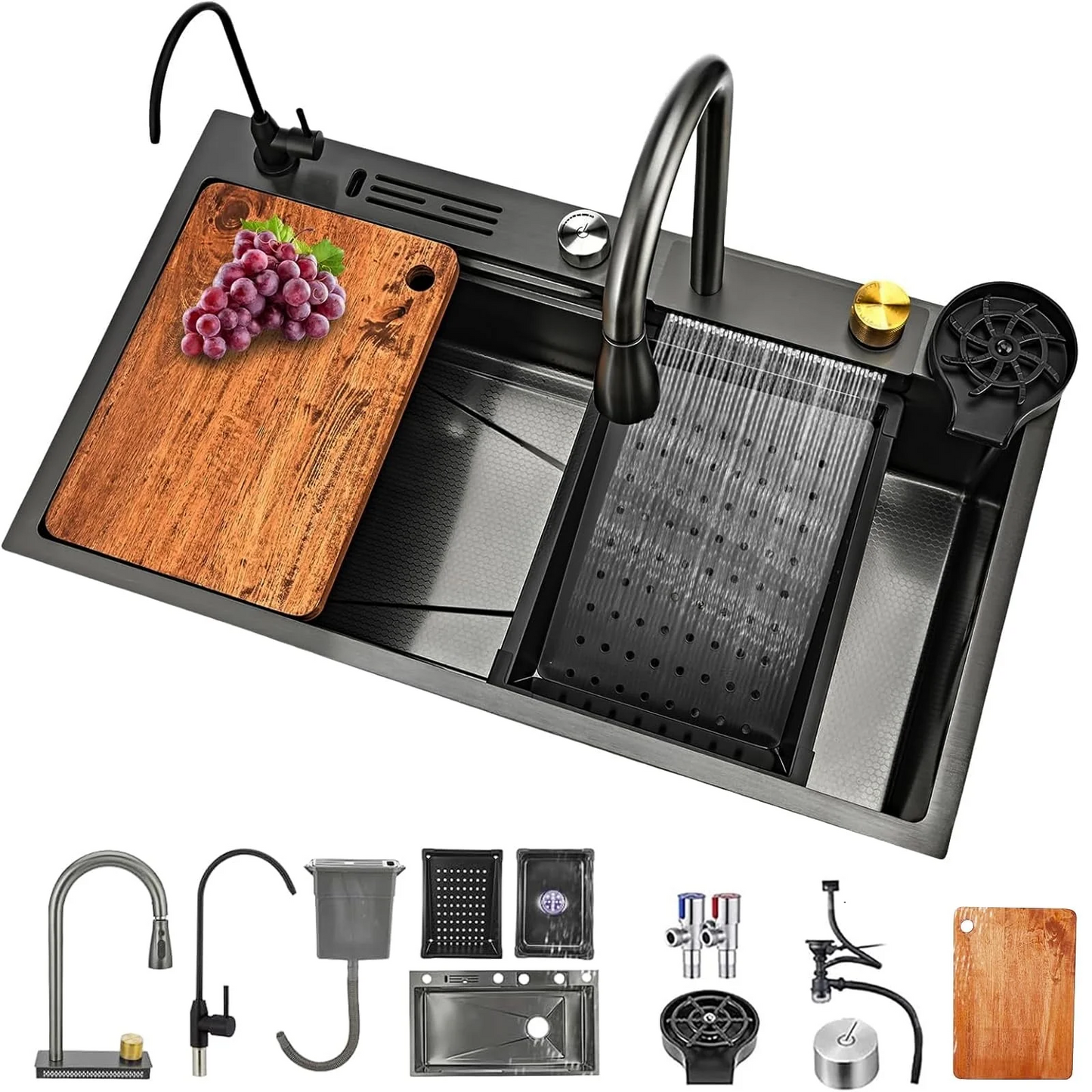 Waterfall Kitchen Sink, Single Bowl Drop in Kitchen Sink with Pull-Out Faucet and Multiple Accessories - 31.5×17.7×8.3 inch