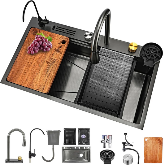 Waterfall Kitchen Sink, Single Bowl Drop in Kitchen Sink with Pull-Out Faucet and Multiple Accessories - 31.5×17.7×8.3 inch