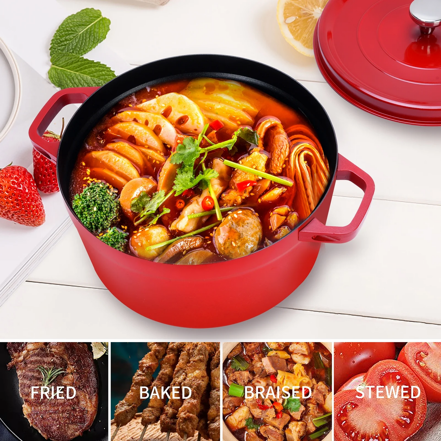 6L Enameled Iron Alloy Oven Pot With Handles And Lid Even Heating Cooking Pot For Stewing Braising Boiling