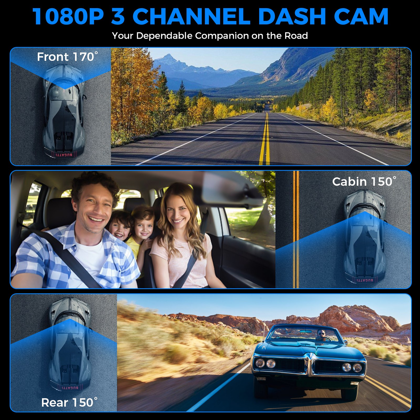 3 Channel Dash Cam Front and Rear, 1080P Dash Camera for Cars, 2.5" IPS Screen Three Way Dashcam with Night Vision, G-Sensor, Loop Recording, 24Hr Parking, DVR, with 128GB Card