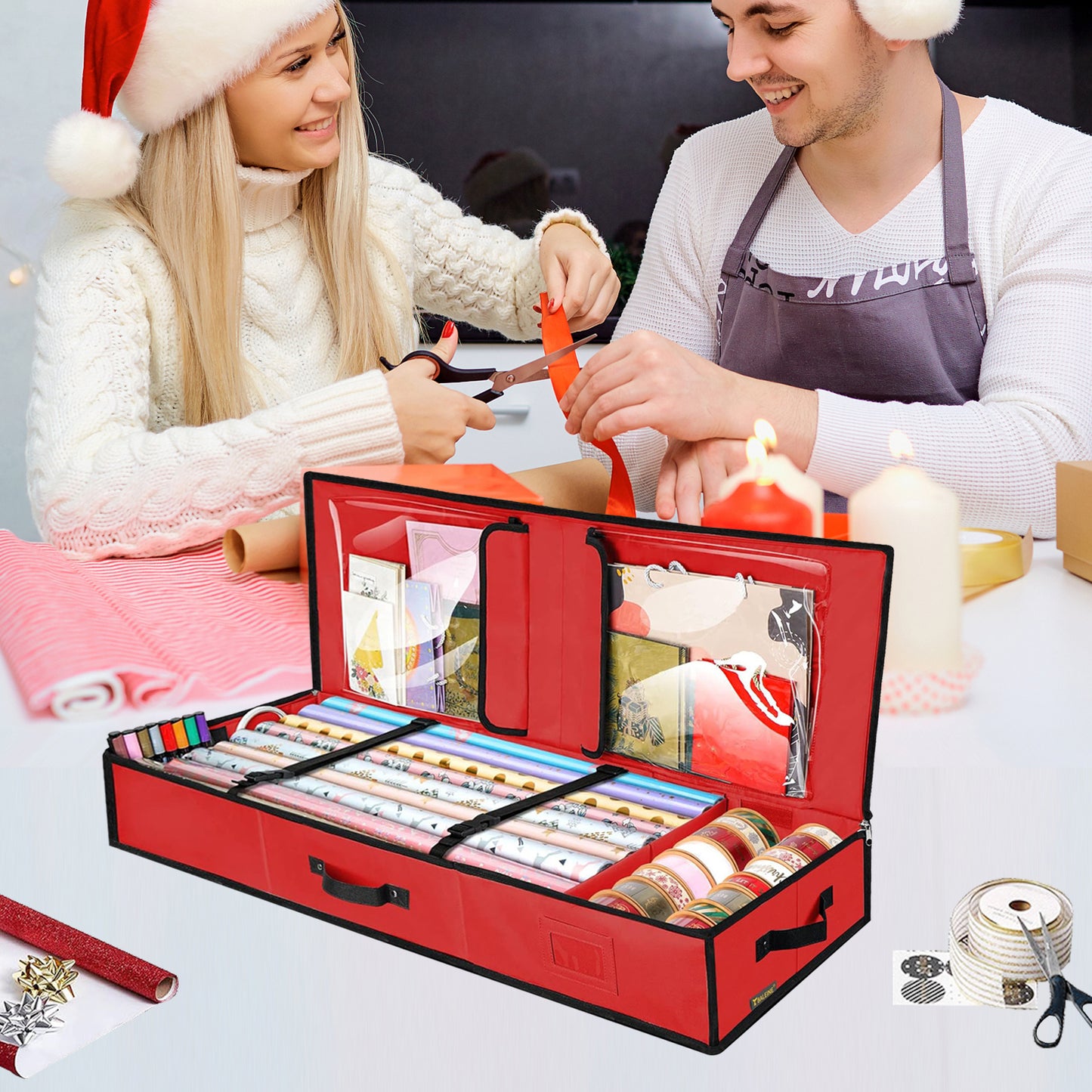Wrapping Paper Storage for Christmas Gifts Wrapping Paper Underbed Storage Container with Interior Pockets & Adjustable Divider, Fits 24 Rolls