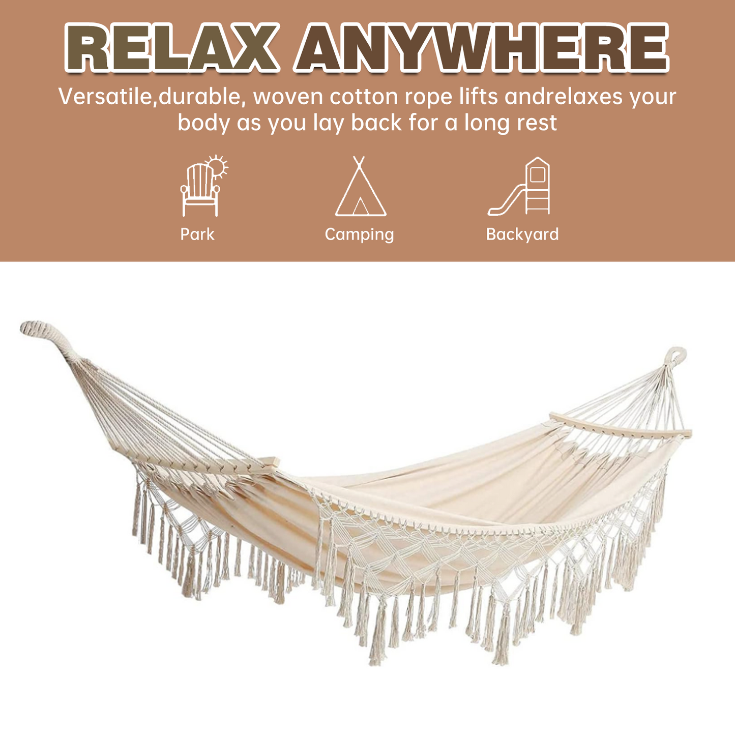 Double Hammock,2-Person Canvas Solid Wood Tassels Fishtail Knitting with Mounting Straps & Curved Rod & Carrying Bag for Outdoor Camping Patio Balcony, Beige