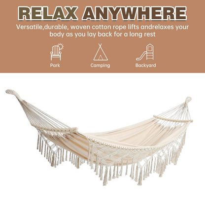 Double Hammock,2-Person Canvas Solid Wood Tassels Fishtail Knitting with Mounting Straps & Curved Rod & Carrying Bag for Outdoor Camping Patio Balcony, Beige