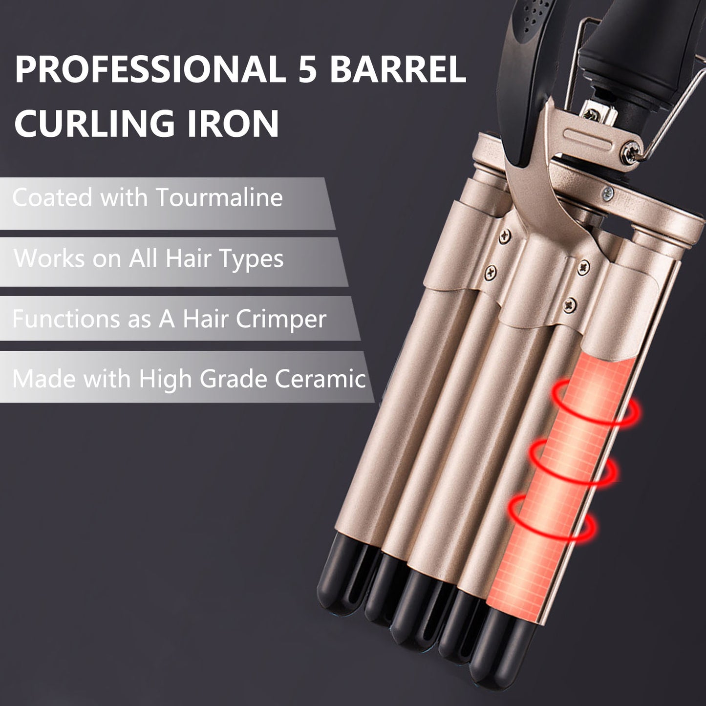 5 Barrel Hair Curling Iron, Digital Display Long Lasting US Plug 110-240V 5 Barrel Hair Crimper Iron For Daily Use