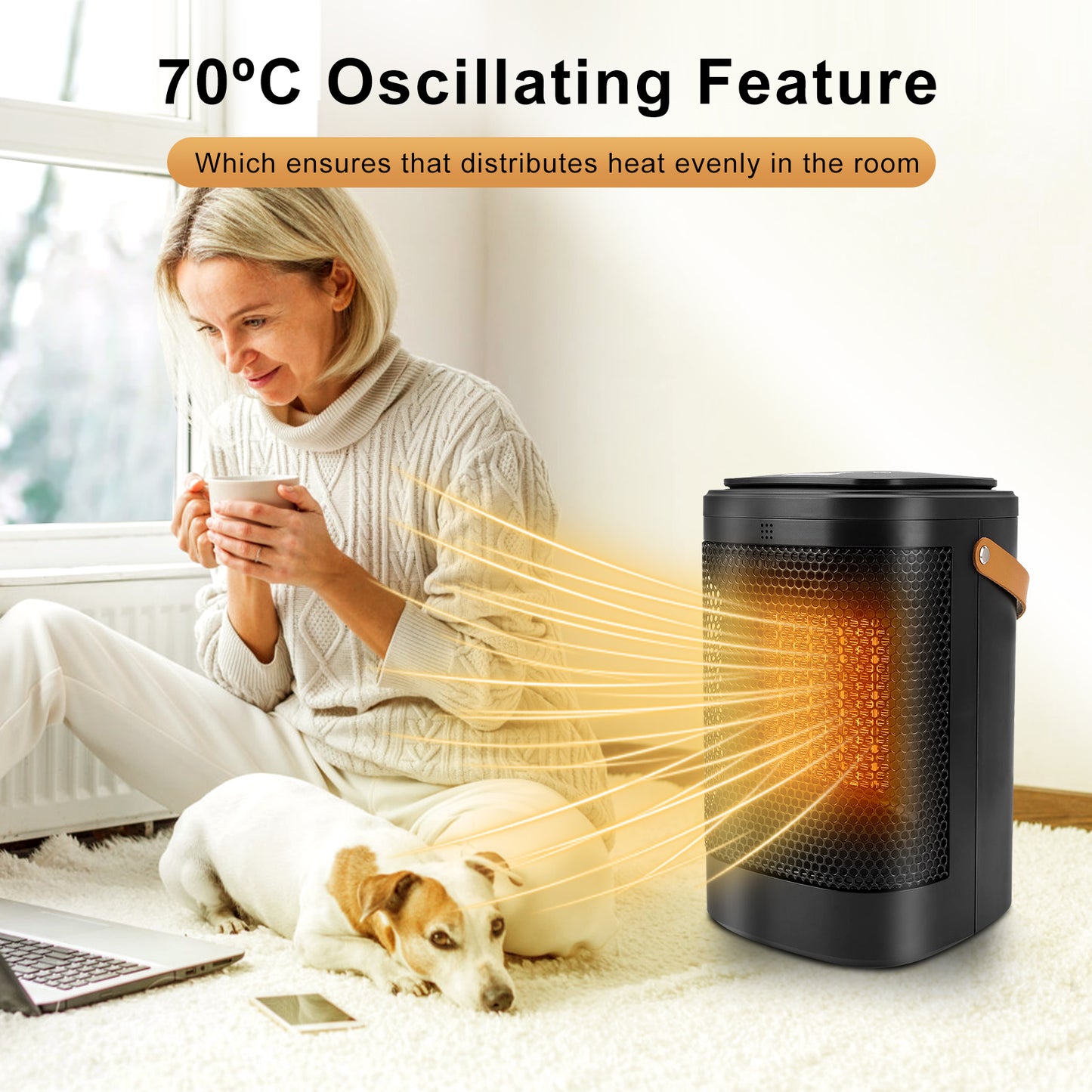 Space Heater with Adjustable Thermostat, 70° Oscillating Portable Electric Heater, 1500W Ceramic Desktop Heater with 1-12 Timer and 3 Speed Adjustable for Home