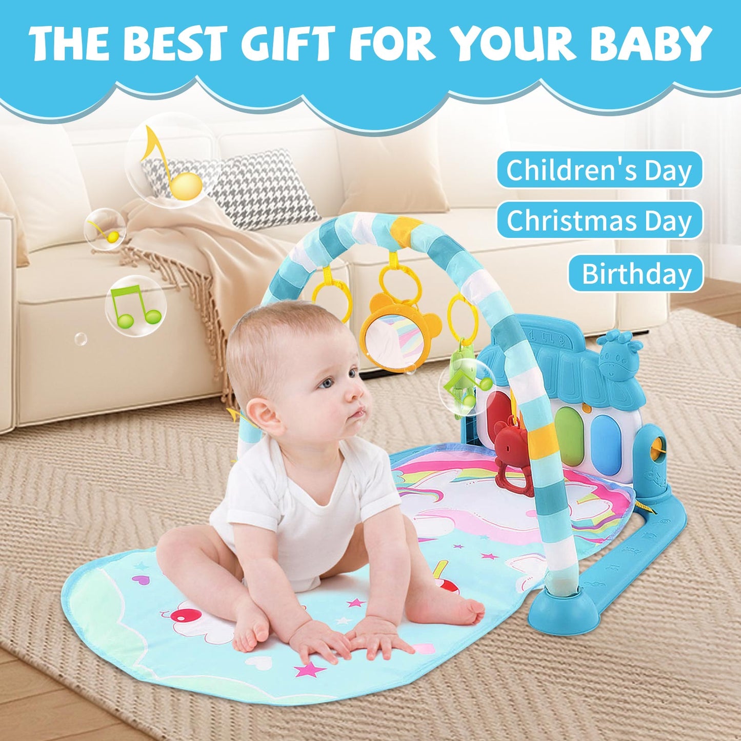 Baby Play Mat with Piano, Musical Activity Fitness Gym for Newborn, Infant Playmat Piano Suitable for 0-3 Year Boys and Girls Tummy Time, Blue