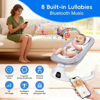 Baby Swing with Bluetooth Remote, 5-Speed Gentle Rocking, Portable Infant Swing for Newborn 0-12M up to 26lbs, Gray