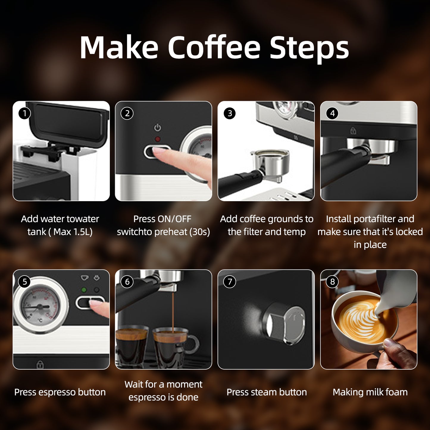Espresso Machine 20 Bar, 1.5L Water Tank Pressure Gauge Milk Frother Steam, Stainless Steel Coffee Maker for Espresso, Latte, Mocha, Americano, 1050W, Black
