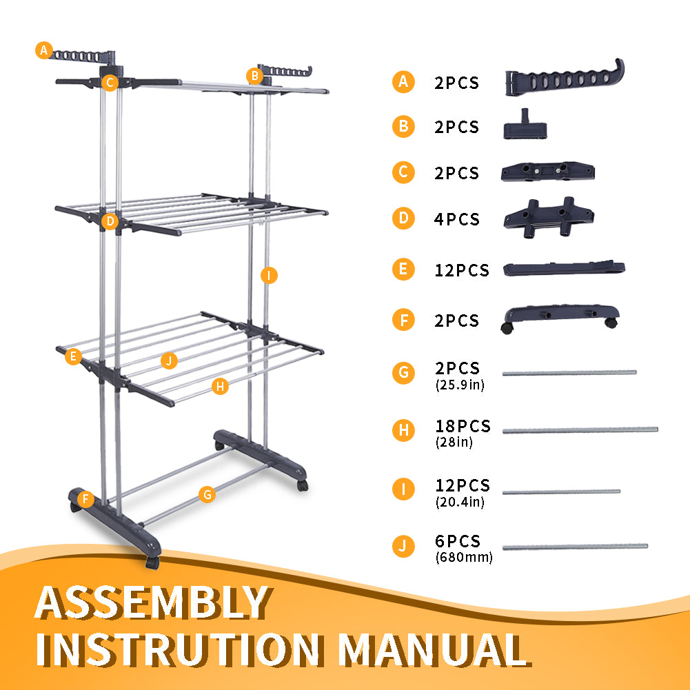 4-Tier Clothes Drying Rack w/ Casters, Clothes Dryer Hanger Stainless Steel Garment Laundry Racks Movable with Foldable Indoor Outdoor Bedroom Balcony