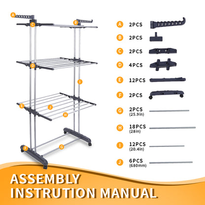 4-Tier Clothes Drying Rack w/ Casters, Clothes Dryer Hanger Stainless Steel Garment Laundry Racks Movable with Foldable Indoor Outdoor Bedroom Balcony