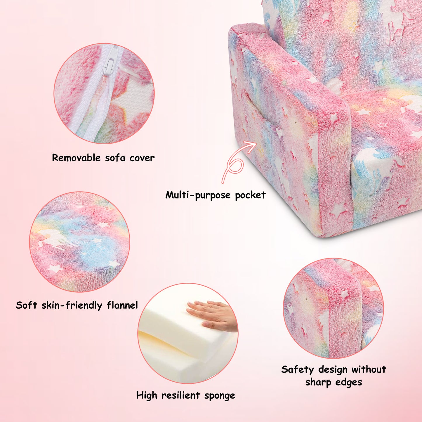 Toddler Couch, Toddler Chair Folding, Kids Couch 2 In 1, In The Dark Open Couch,Baby Convertible Sofa for Playroom Extra Wide Soft 2 Seats, Gifts For Kids, Sleeper For Girls Boys,Pink