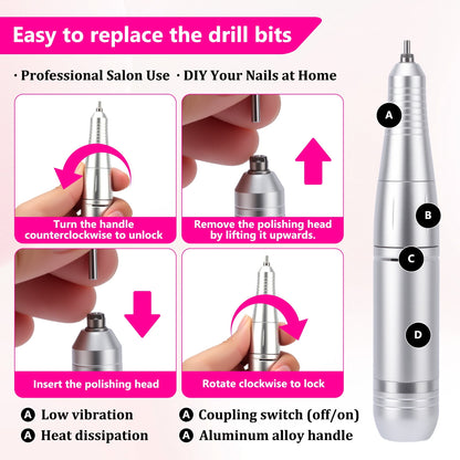 Electric Nail File Machine 45000RPM Rechargeable LCD Display Nail Drill Machine with 6Pcs Drill Bits