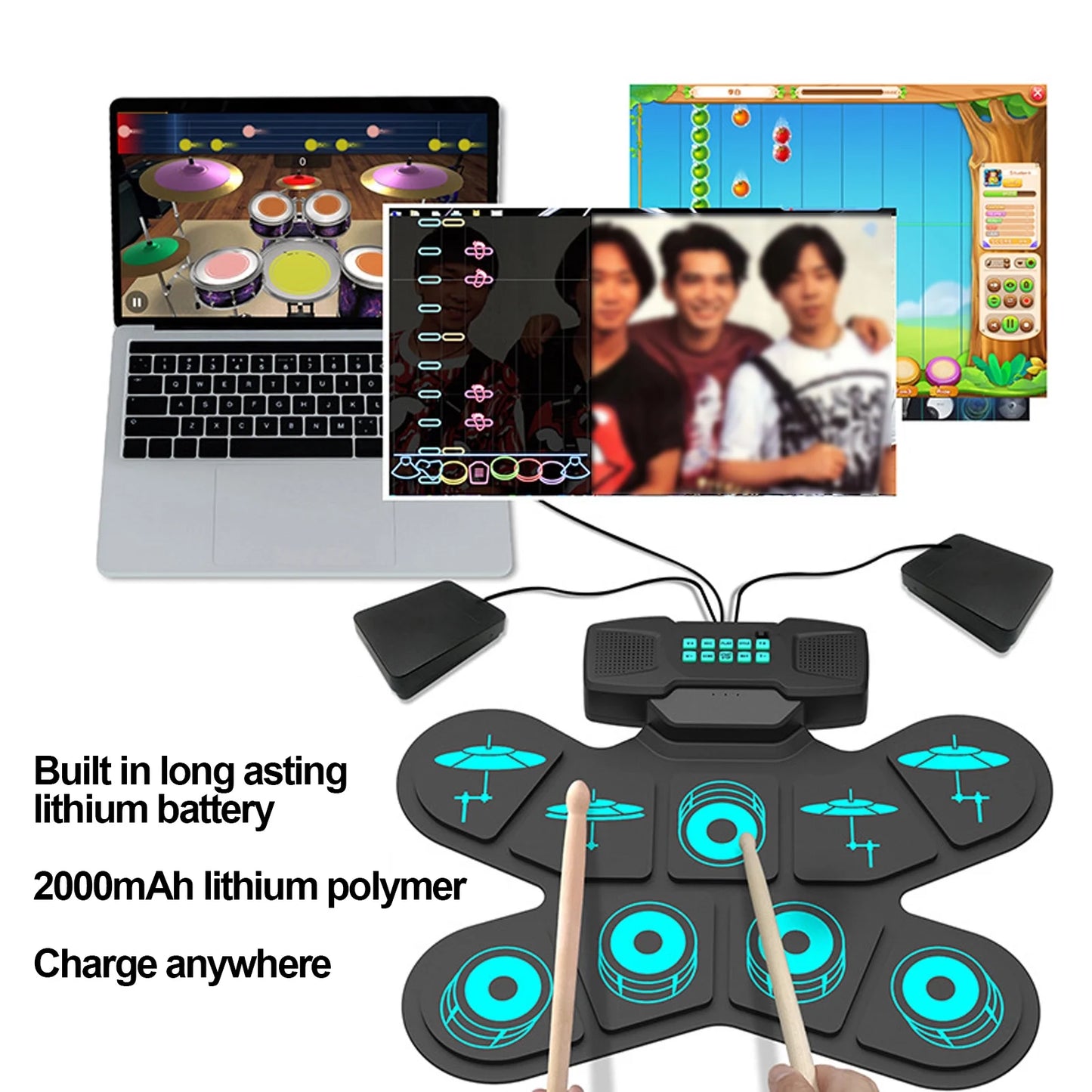 Electronic Drum Set Roll Up Electric Drum Quiet Drum Pad with 10 Demo 10 Tunes, Built-in Stereo Speakers, Foot Pedals, Sticks, Perfect Gift for Boys Girls, Adults and Beginners