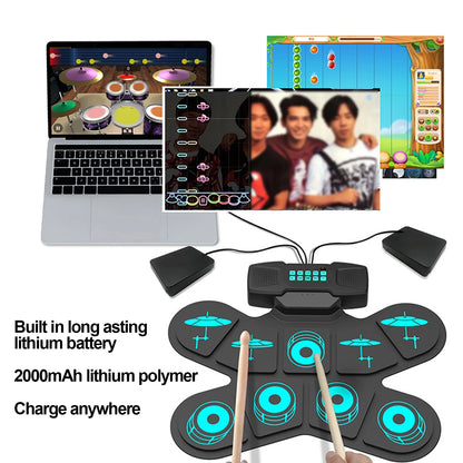 Electronic Drum Set Roll Up Electric Drum Quiet Drum Pad with 10 Demo 10 Tunes, Built-in Stereo Speakers, Foot Pedals, Sticks, Perfect Gift for Boys Girls, Adults and Beginners