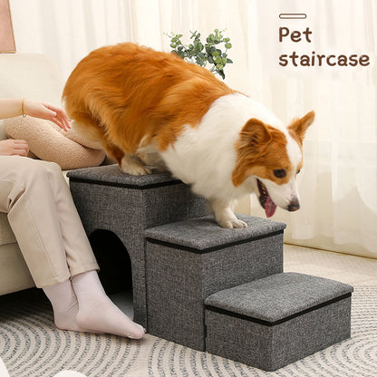 Dog Stairs Foldable 3-Step Dog Step with Storage and Pet House Non-Slip Dog Ramp for Small Dogs, Cats or Pets Joints, Up to 165lbs