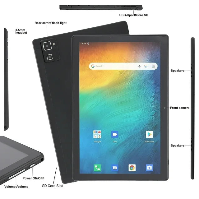 10.1 Inch Tablets for Kids, Android Tablet 128GB ROM 512GB Expand, 1920*1080 IPS Screen 8-Core Processor 5MP+8MP Dual Camera WiFi Bluetooth, Black