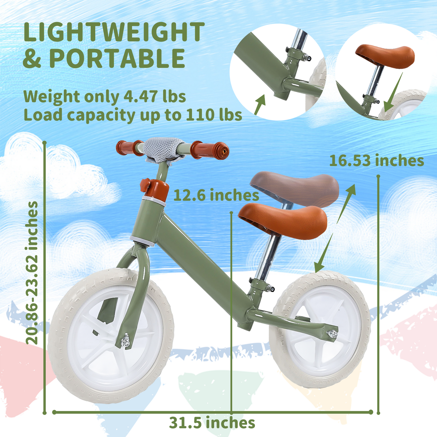 Eotvia Toddler Bike, Lightweight 11" Kids Balance Bike with Adjustable Seat and Handlebar, No Pedal Toddler Bicycle Ride on Toys for Toddlers, Toddlers Balance Bike for 1 to 4 Years Old Boys Girls