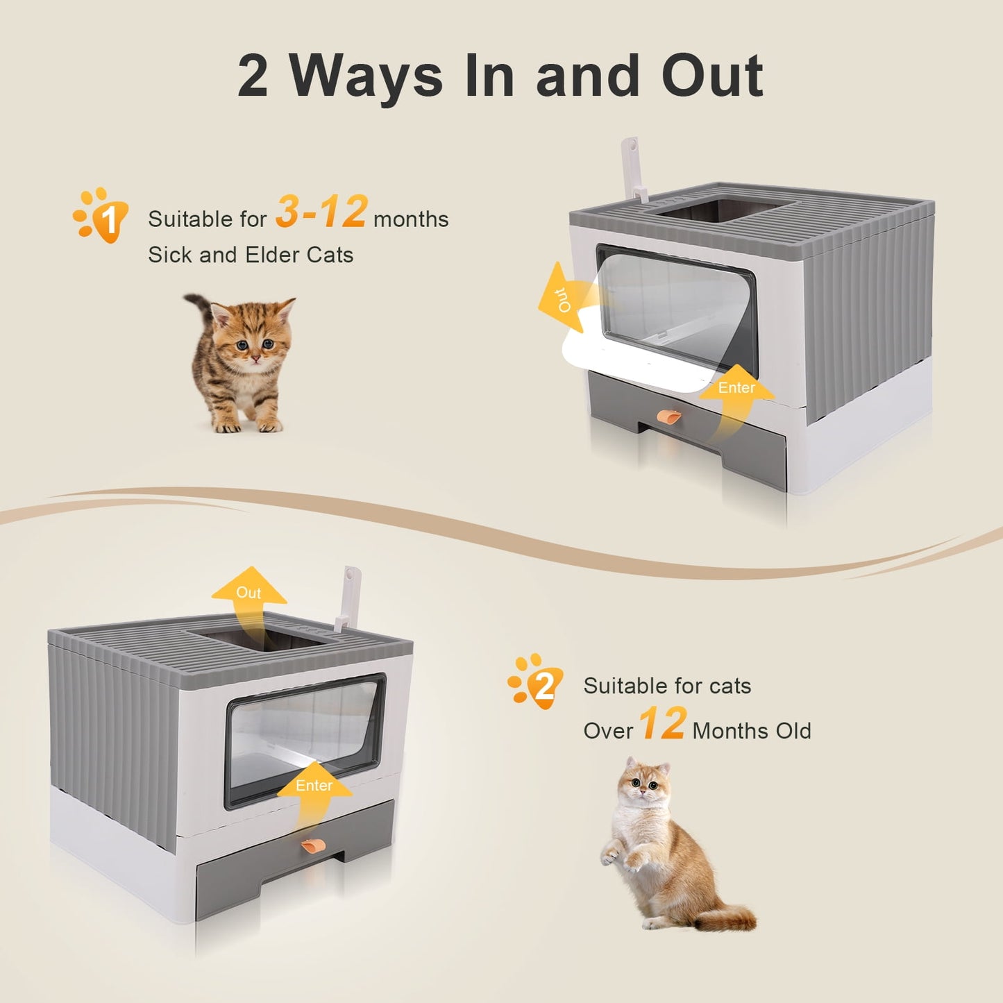 Enclosed Cat Litter Box Large with Lid Cover&Litter Scoop Foldable Cat Toilet Cat Self-Grooming Side Panel w/ Easy Cleaning Tray