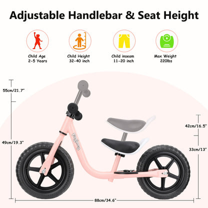 12-Inch Balance Bike No Pedal Lightweight Bike for Boys Girls 1.5 to 4 Years Old, Toddler Bike with Adjustable Seat, Carry Handle