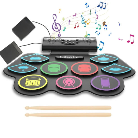 Electronic Drum Set for Kids Adults,9 Pads Portable MIDI Roll-up Drum Kit with Dual Speakers / Headset Jack / Drumsticks / Foot Pedals,for Beginners, Great Holiday Xmas Birthday Gift