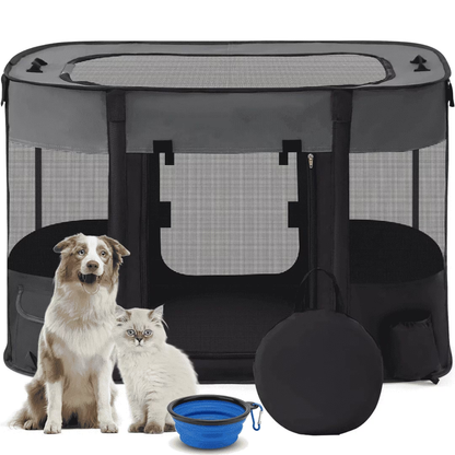 Dog Playpen, Black Pet Playpen Foldable Puppy Cat Playpen, Portable Exercise Kennel Tent Crate, Breathable Indoor Outdoor Travel Camping Use for Small Animals with Carrying Case and Silicone Bowl, M