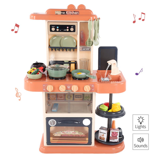 Play Kitchen Set for Kids, 65pcs 28Inch Tall Toy Pretend Play Kitchen w/ Realistic Lights Sounds Simulation Spray for Toddlers Girls Boys Gift