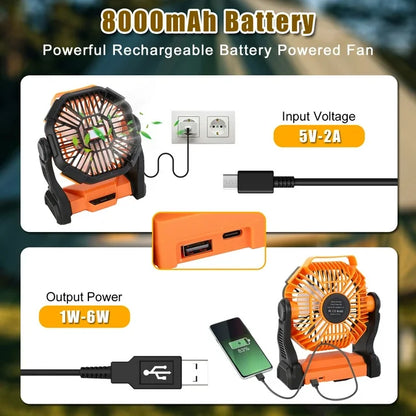 Camping Fans for Tent 8000mAh Portable Fan with LED Light & Hook USB Rechargeable Fan 4 Speeds for Outdoor Tent Travel Picnic Fishing Office Bedroom Desk Fan