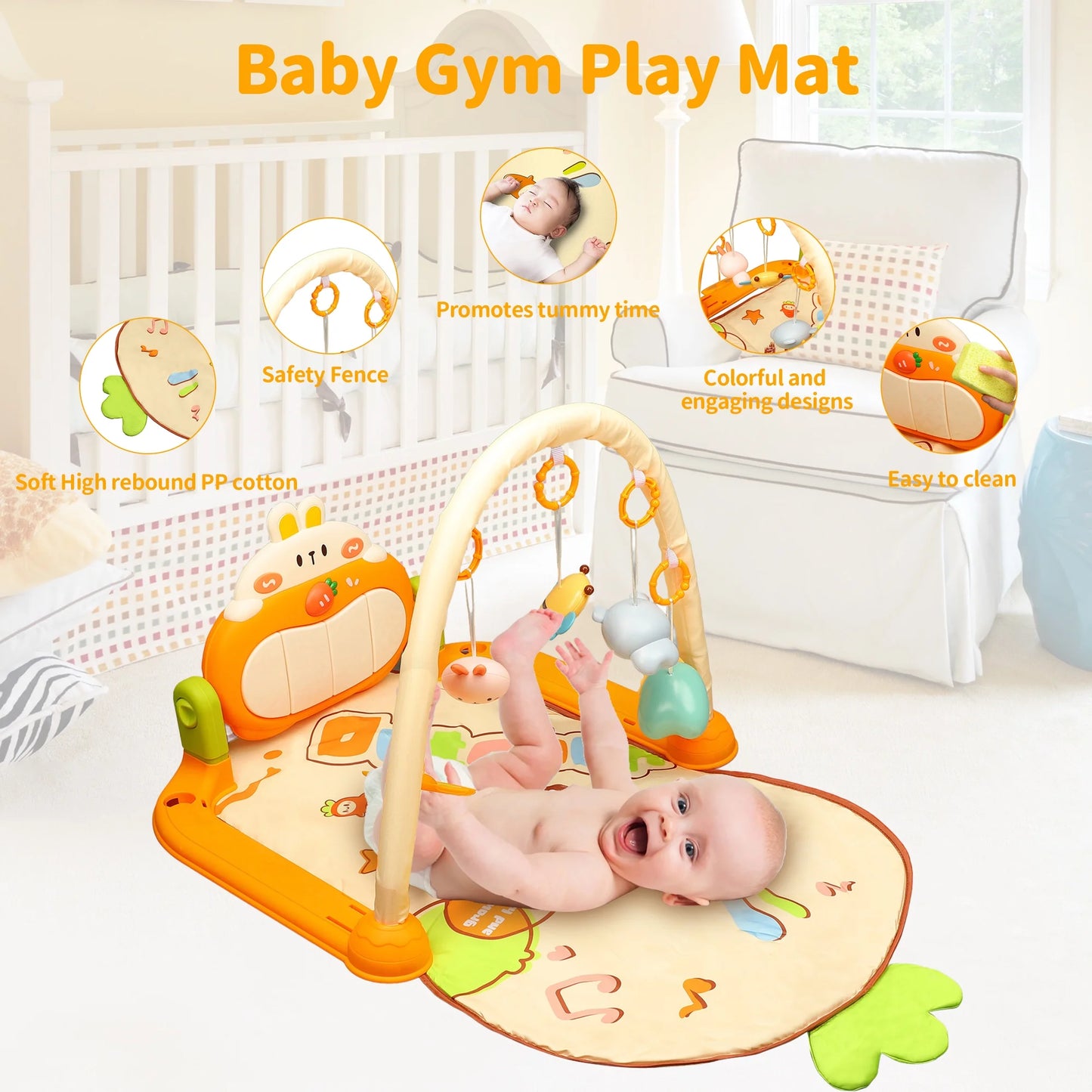 Baby Gym Mat with 4 Soft Rattles Baby Play Mat Piano Gym Baby Play Piano Musical Tummy Time Activity Gym Mat for Newborn Toddler Playmat