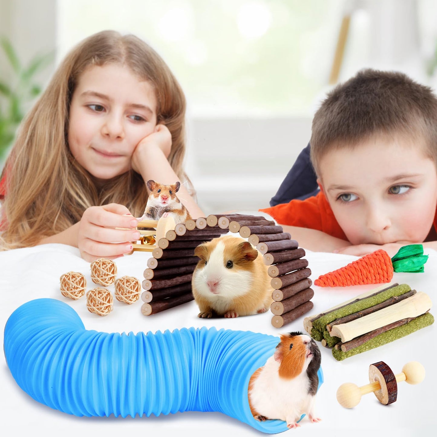 24 PCS Hamster Chew Toys, Natural Apple Wood Timothy Grass Bunny Toys, Small Animal Molar Teeth Care Toy Set, Cage Accessories for Hamsters, Guinea Pig, Rabbit, Chinchilla, Gerbil