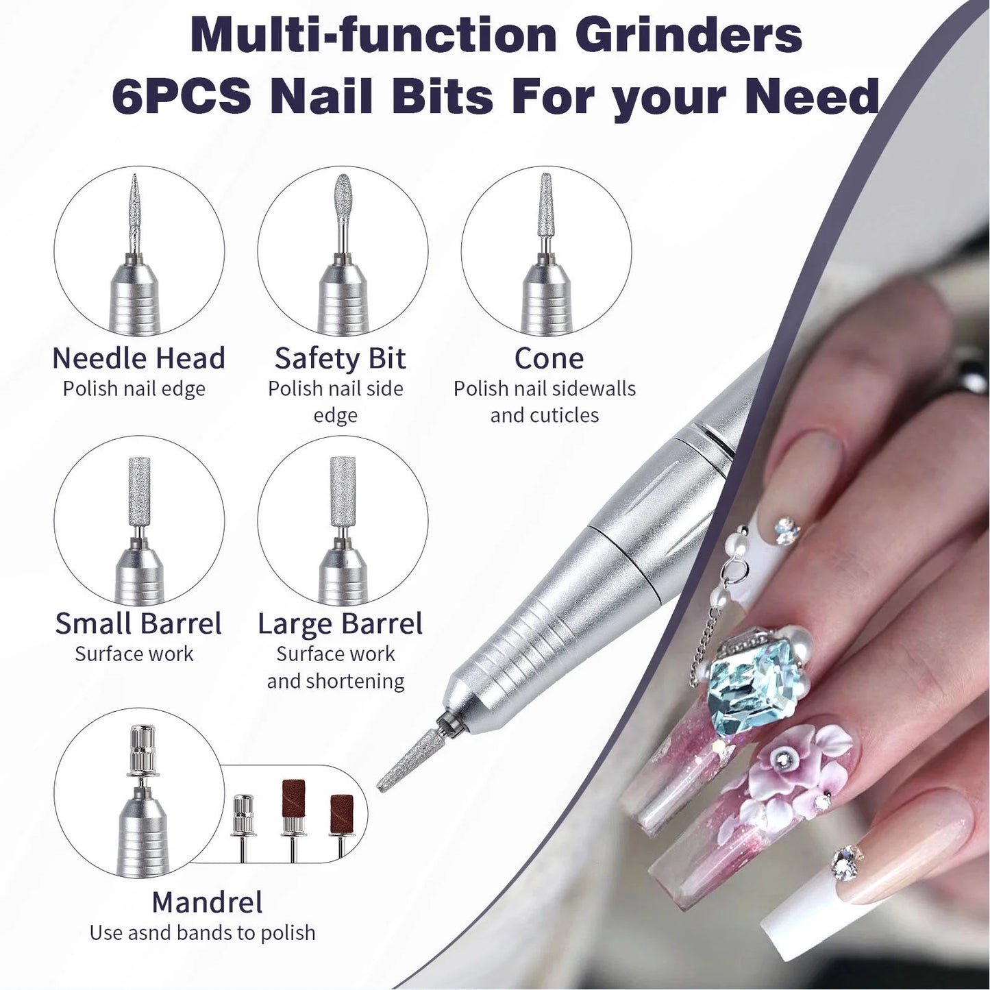 Electric Nail Drill, Cordless Portable Electric Nail File Set with 6 Bits, 45000RPM Professional Rechargeable Forward & Reverse Nail Drill Kit with Display, for Acrylic Nails/DIY Manicure & Pedicure
