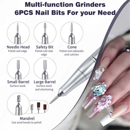 Electric Nail Drill, Cordless Portable Electric Nail File Set with 6 Bits, 45000RPM Professional Rechargeable Forward & Reverse Nail Drill Kit with Display, for Acrylic Nails/DIY Manicure & Pedicure