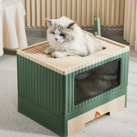 Enclosed Cat Litter Box Large with Lid Cover&Litter Scoop Foldable Cat Toilet Cat Self-Grooming Side Panel w/ Easy Cleaning Tray