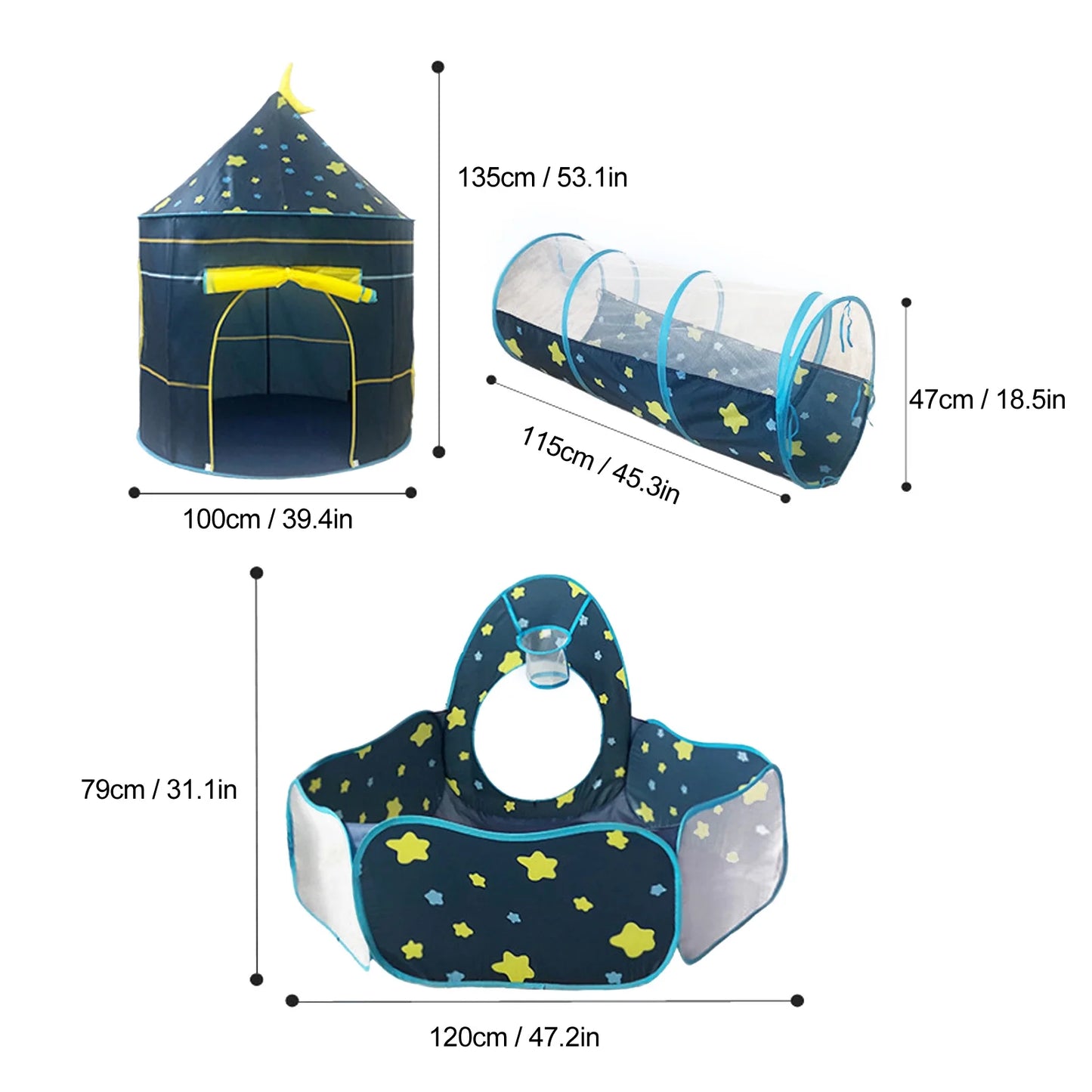 3pcs Baby Play Tent with Crawl Tunnel Basketball Hoop Indoor/Outdoor Kids Boys & Girls Toddler Ball Pit Tent Playhouse for 18 Months-8 Year Old, Blue (No Ocean Balls)