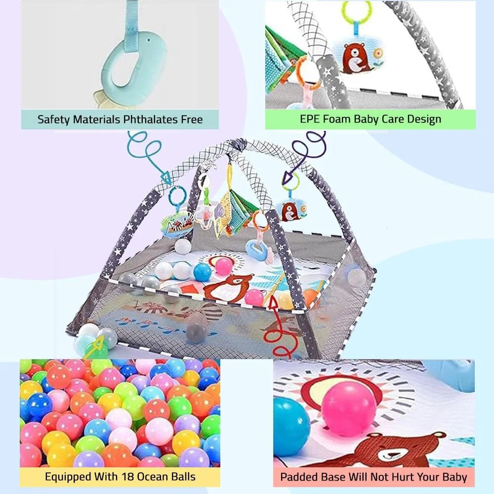 Baby Floor Gym Play Mat & Ball Pit for Newborn to Toddler 0-12 Months Infant Baby Activity Gym Play Mat with 5 Rattles Toys for Sensory and Motor Skill Development (Include 18 Balls)