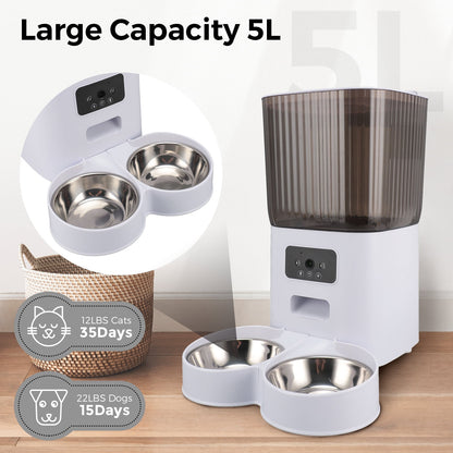 Smart Camera Automatic Cat Feeder for 2 Cats, 5L Food Dispenser with 2 Stainless Steel Bowl,Timed Programmable 1-6 Meals Control, Dual Power Supply,10s Meal Call, APP Control