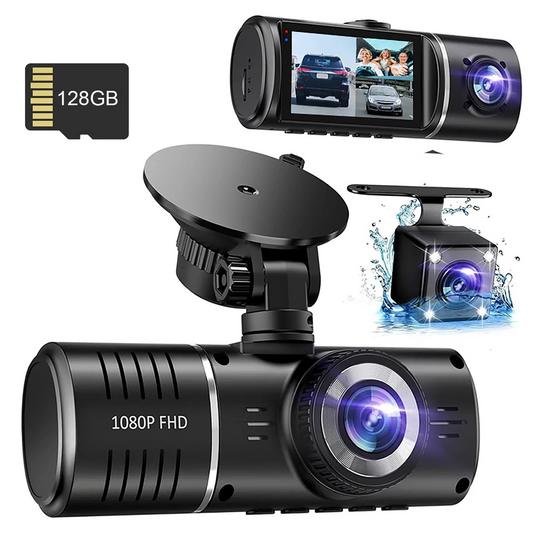 3 Channel Dash Cam Front and Rear, 1080P Dash Camera for Cars, 2.5" IPS Screen Three Way Dashcam with Night Vision, G-Sensor, Loop Recording, 24Hr Parking, DVR, with 128GB Card