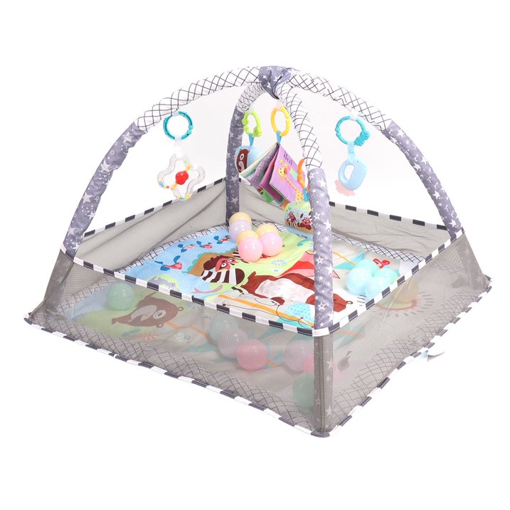 Baby Floor Gym Play Mat & Ball Pit for Newborn to Toddler 0-12 Months Infant Baby Activity Gym Play Mat with 5 Rattles Toys for Sensory and Motor Skill Development (Include 18 Balls)