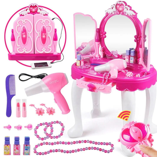 Toddler Vanity Makeup Table with Mirror and Stool, Kids Pretend Play Vanity Set with Accessories and Lights Music for 2-5 Years Old Girls Chrismas Gift, Pink
