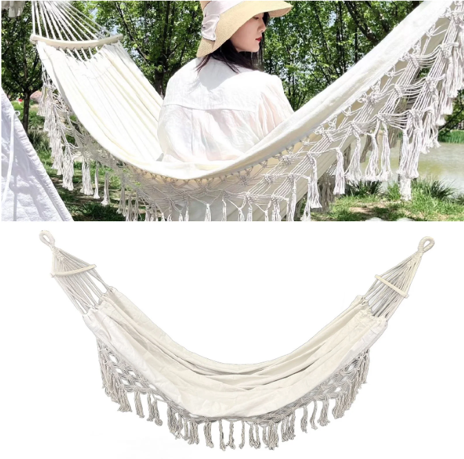 Double Hammock,2-Person Canvas Solid Wood Tassels Fishtail Knitting with Mounting Straps & Curved Rod & Carrying Bag for Outdoor Camping Patio Balcony, Beige
