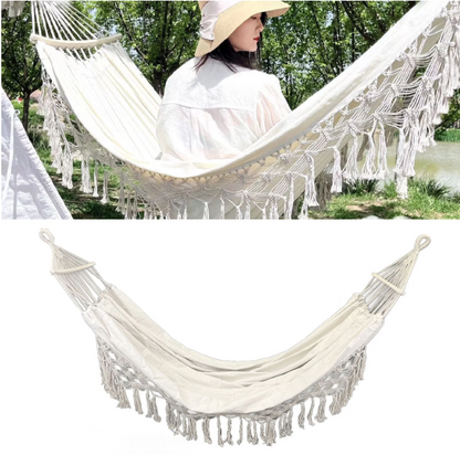 Double Hammock,2-Person Canvas Solid Wood Tassels Fishtail Knitting with Mounting Straps & Curved Rod & Carrying Bag for Outdoor Camping Patio Balcony, Beige