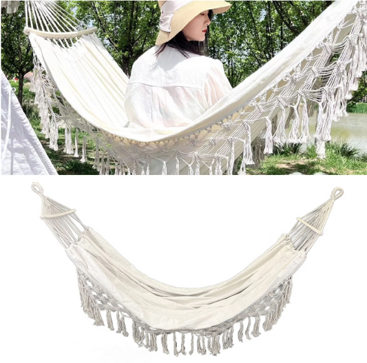 Double Hammock,2-Person Canvas Solid Wood Tassels Fishtail Knitting with Mounting Straps & Curved Rod & Carrying Bag for Outdoor Camping Patio Balcony, Beige