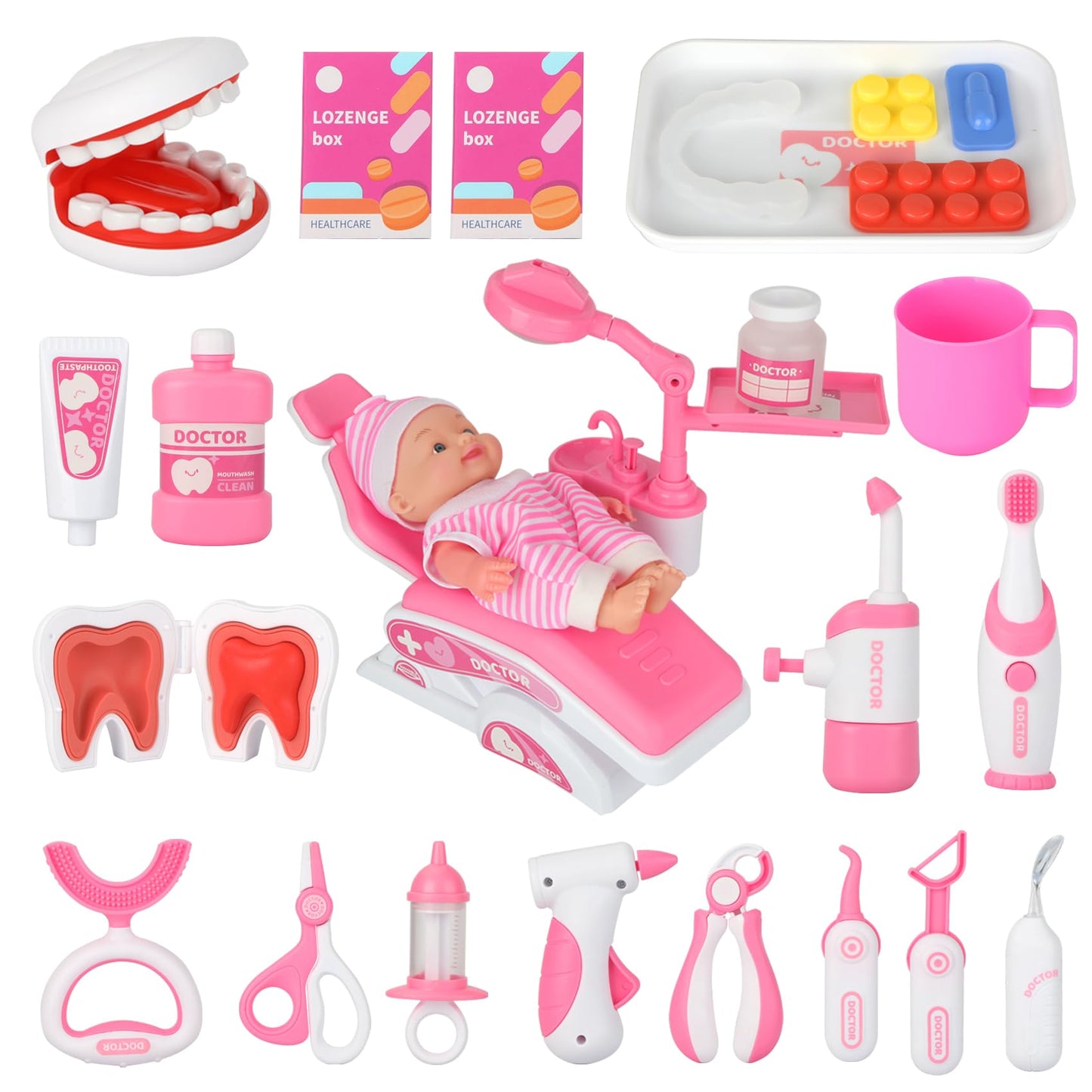 Kids Dentist Play Set, 31 PCS Doctor Kit for Toddlers 3-5 Years Old, Pretend Dentist Play Toys Kit with Dental Chair & Dental Tools & Cute Doll, Kids Role Play Dentist Gift for Girls Boys(Pink)