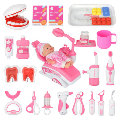 Kids Dentist Play Set, 31 PCS Doctor Kit for Toddlers 3-5 Years Old, Pretend Dentist Play Toys Kit with Dental Chair & Dental Tools & Cute Doll, Kids Role Play Dentist Gift for Girls Boys(Pink)