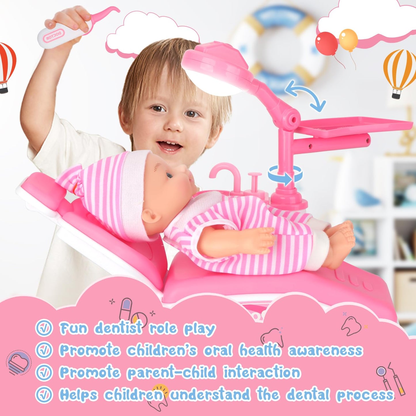Kids Dentist Play Set, 31 PCS Doctor Kit for Toddlers 3-5 Years Old, Pretend Dentist Play Toys Kit with Dental Chair & Dental Tools & Cute Doll, Kids Role Play Dentist Gift for Girls Boys(Pink)