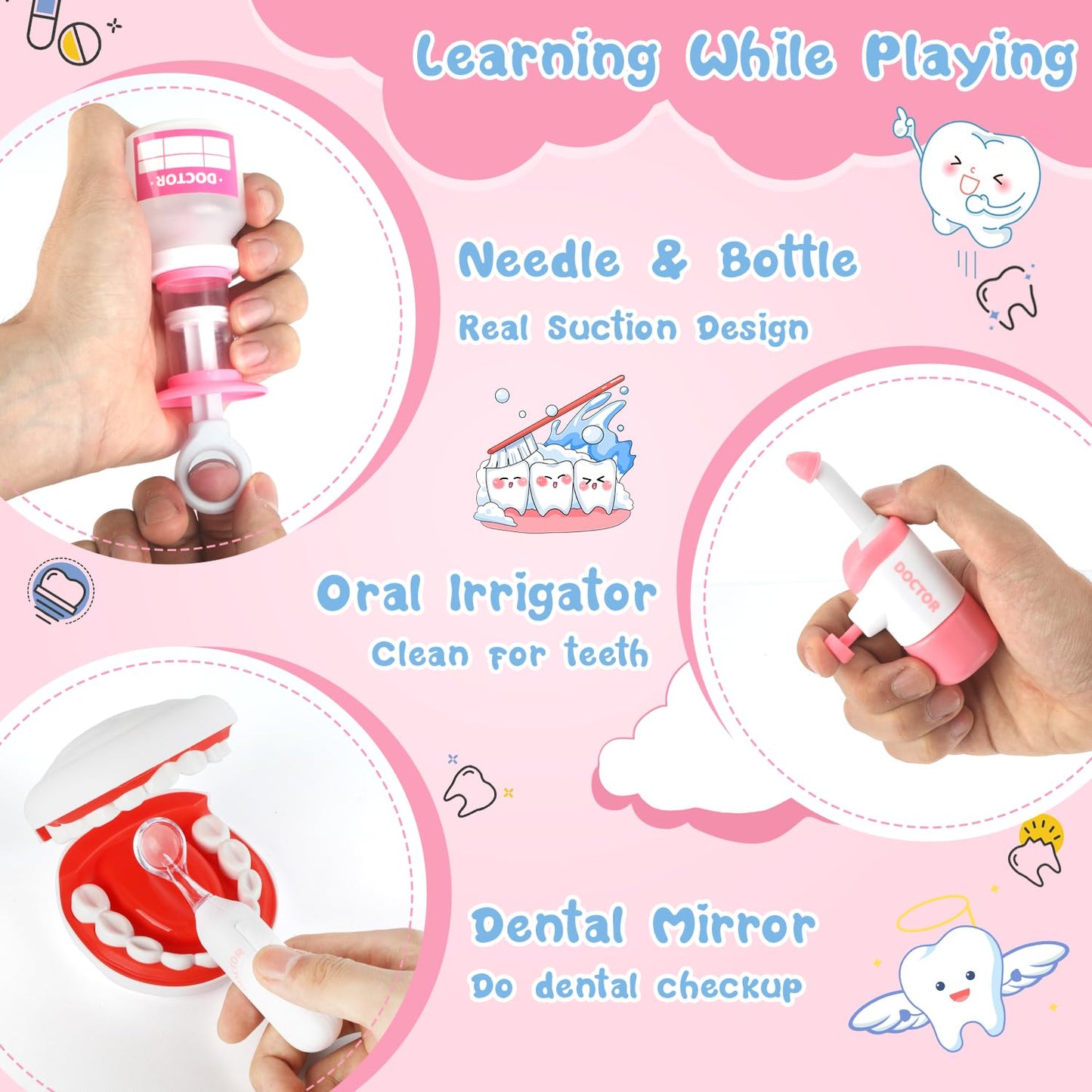 Kids Dentist Play Set, 31 PCS Doctor Kit for Toddlers 3-5 Years Old, Pretend Dentist Play Toys Kit with Dental Chair & Dental Tools & Cute Doll, Kids Role Play Dentist Gift for Girls Boys(Pink)
