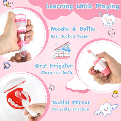 Kids Dentist Play Set, 31 PCS Doctor Kit for Toddlers 3-5 Years Old, Pretend Dentist Play Toys Kit with Dental Chair & Dental Tools & Cute Doll, Kids Role Play Dentist Gift for Girls Boys(Pink)