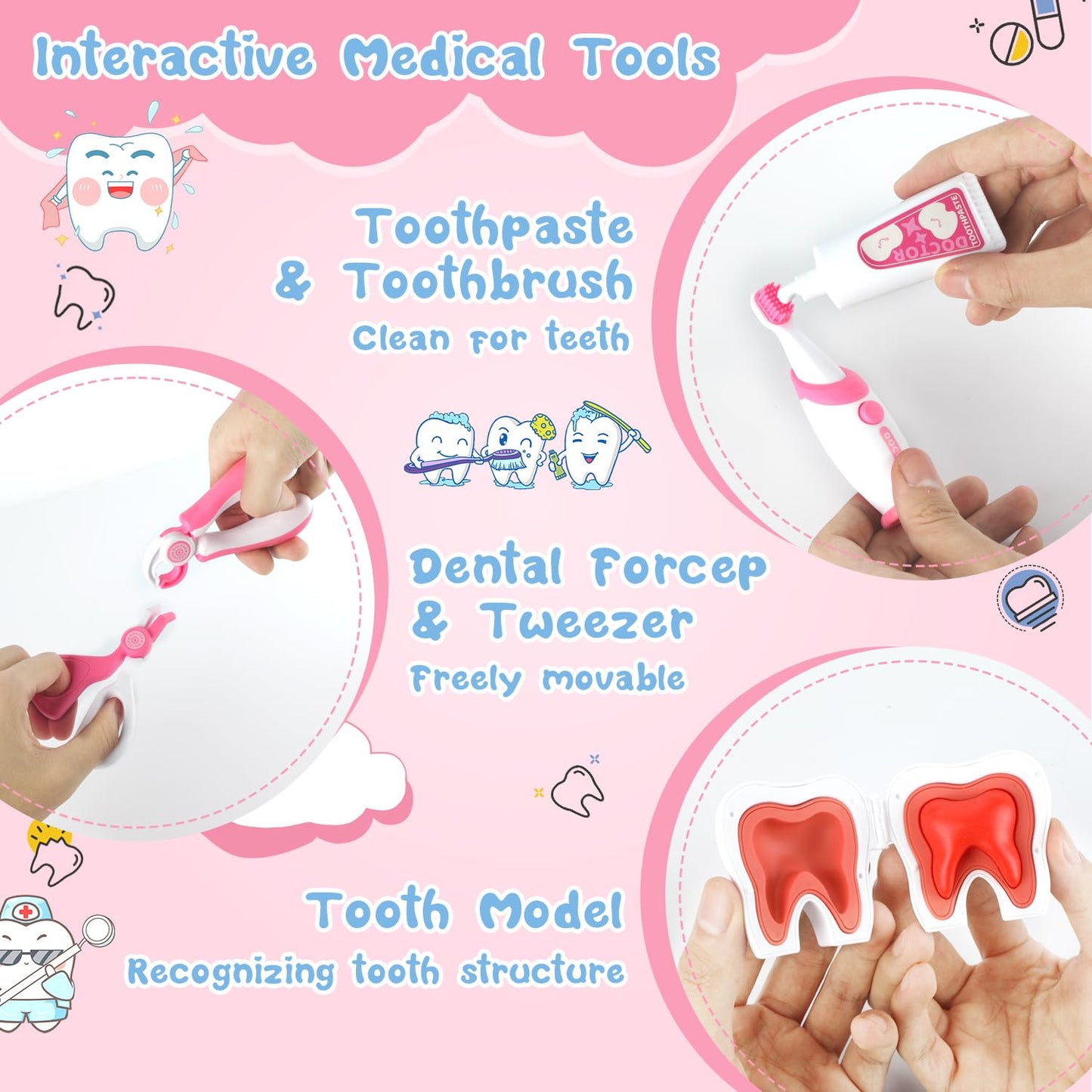 Kids Dentist Play Set, 31 PCS Doctor Kit for Toddlers 3-5 Years Old, Pretend Dentist Play Toys Kit with Dental Chair & Dental Tools & Cute Doll, Kids Role Play Dentist Gift for Girls Boys(Pink)