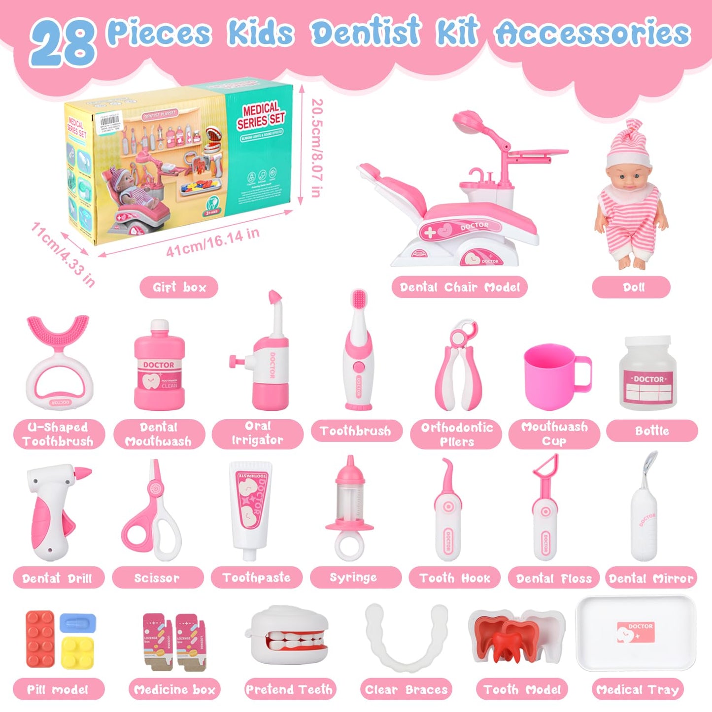 Kids Dentist Play Set, 31 PCS Doctor Kit for Toddlers 3-5 Years Old, Pretend Dentist Play Toys Kit with Dental Chair & Dental Tools & Cute Doll, Kids Role Play Dentist Gift for Girls Boys(Pink)